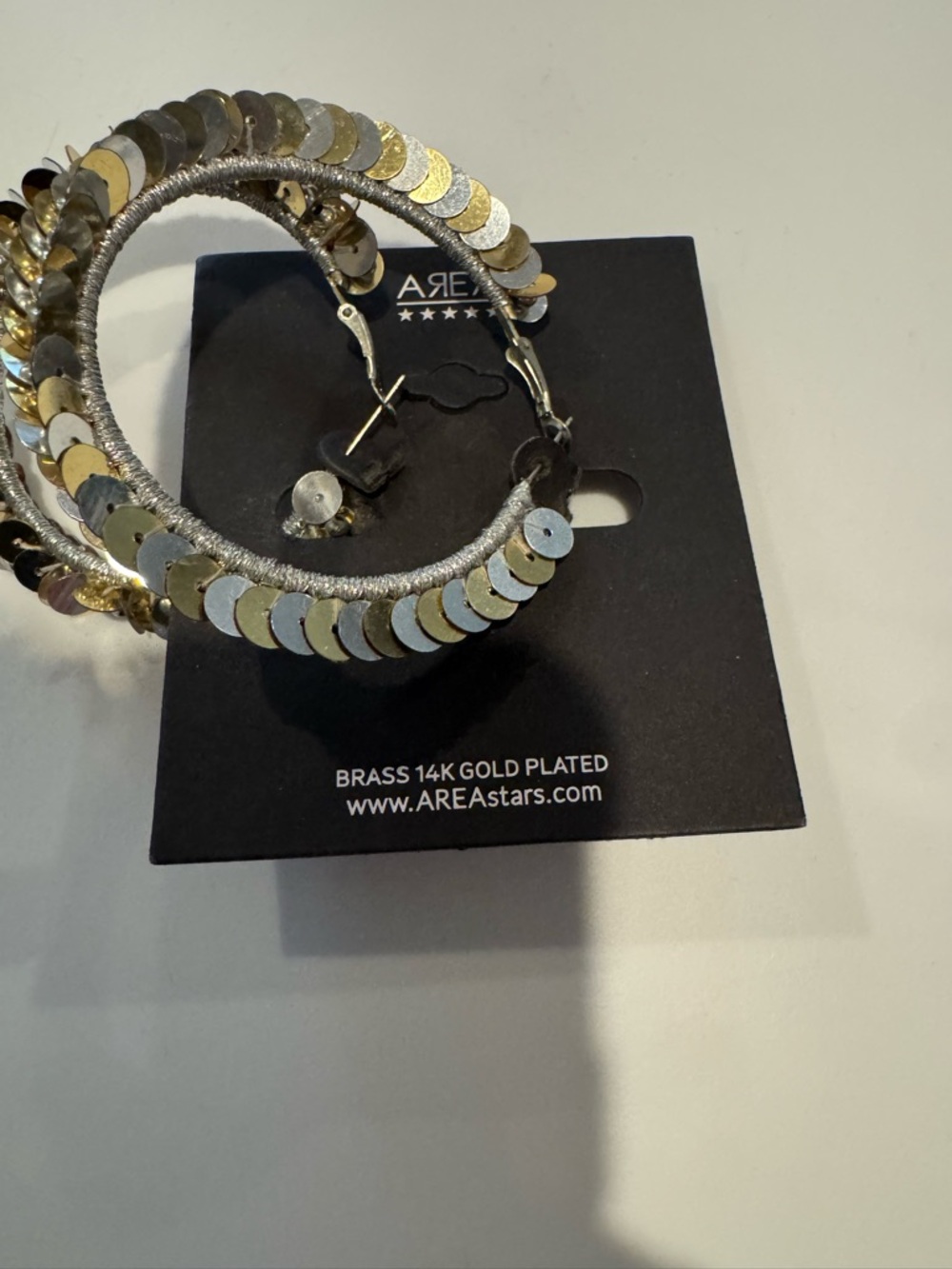 New AREA Gold & Silver Sequin‎ Hoop Statement Earrings 14k Gold Plated Brass - Picture 3 of 4